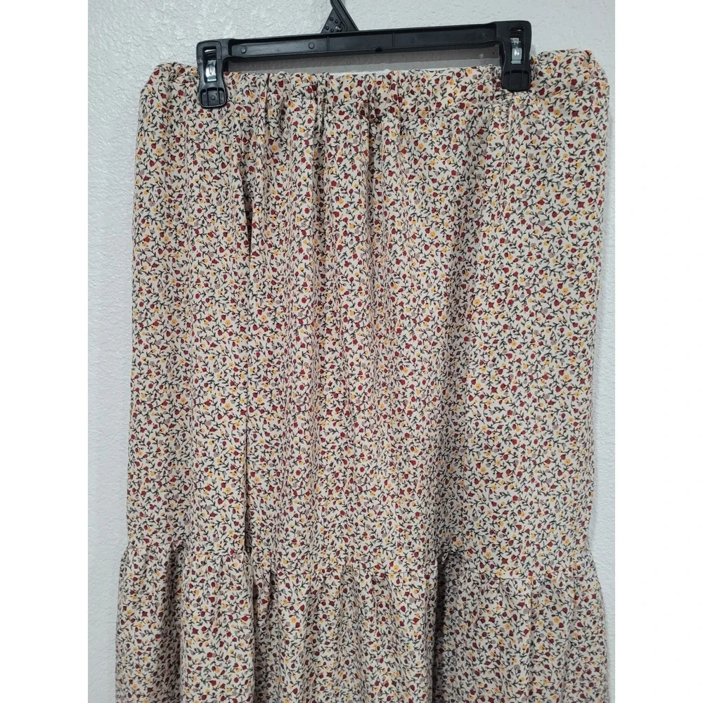 Floral Tiered Midi Skirt Elastic Waist Cream Red Yellow Ditsy Print Boho #P3/20